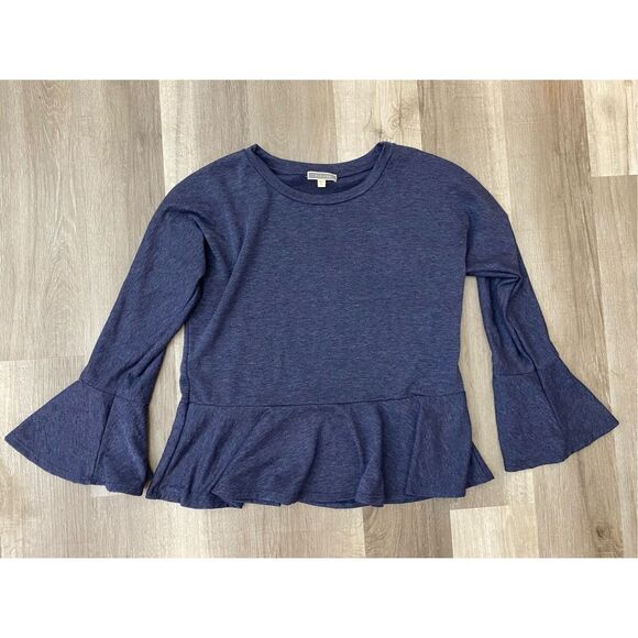 Pleione Anthropologie Blue Peplum Shirt Blouse w/ Bell Sleeves, Size Medium - Picture 1 of 6